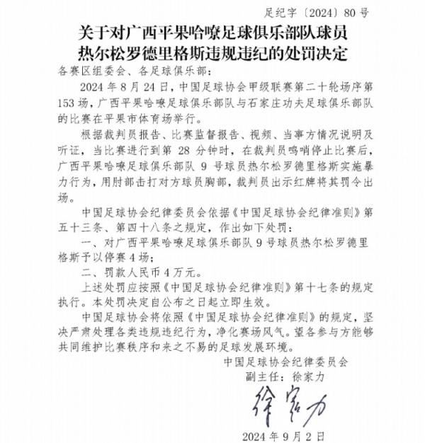 广西平果哈嘹外援罗德里格斯肘击对手，被足协禁赛4场、罚款4万